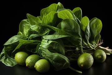 Concept of clean food. Bunch of fresh green organic spinach leaves on black back, generative IA