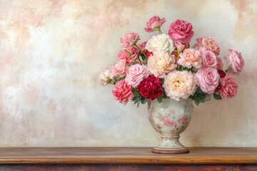 Sticker - A charming bouquet of roses and carnations fills a vintage ceramic vase on an antique wooden table, adding warmth to the space. Generative AI