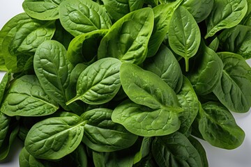 Wall Mural - Spinach leaves on a white wooden background viewed from above, generative IA