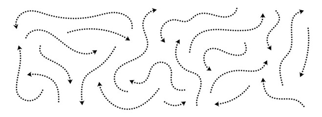 Aufkleber - Black dotted thin arrows set. Wavy and curved dashed arrow collection. Wiggly sketchy pointers and direction lines. Dots squiggle stripe design elements bundle for flyer, poster, brochure. Vector