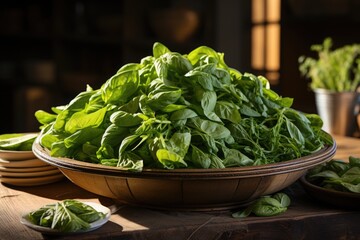 Wall Mural - Spinach leaves washed on a bowl on a wooden table, generative IA