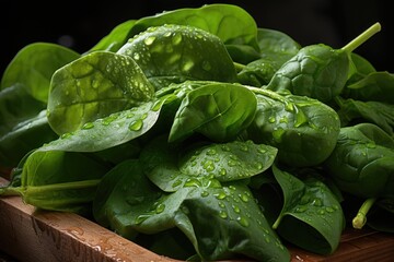 Wall Mural - Fresh green spinach leaves wet on a wooden bottom, generative IA