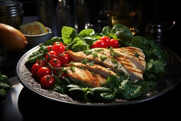 Wall Mural - Sliced ??pepper, spinach and chicken breast on a plate on the marble surface., generative IA