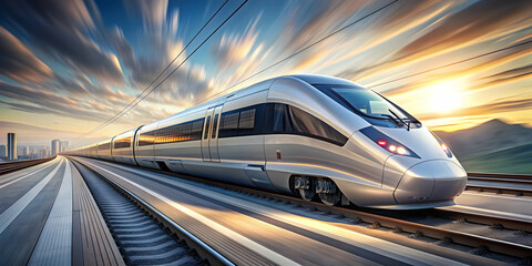 Sleek and futuristic modern high-speed train moving rapidly on the tracks, high-speed, train, transportation, modern, speed