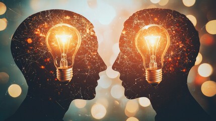 A conceptual image showing two heads facing each other with lightbulbs representing emotional intelligence and communication skills