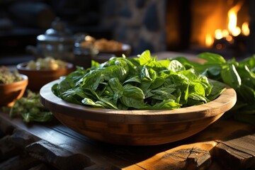 Wall Mural - Wooden bowl with fresh spinach on a natural black slate stone, generative IA