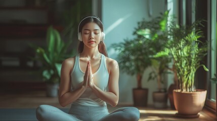 Poster - A young woman sits cross-legged on the floor with her hands in a prayer position, wearing headphones