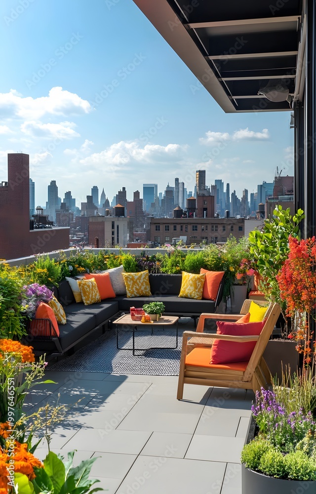39. A vibrant rooftop terrace with outdoor furniture and plants Stock ...