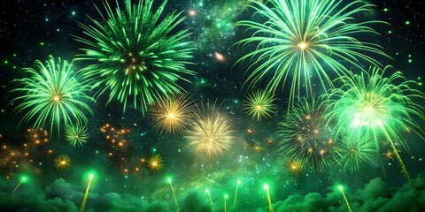 night sky with green fireworks celebrating a national holiday with vibrant energy, fireworks, celebr