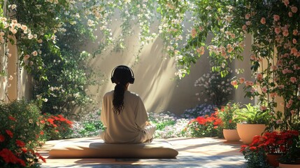 Poster - A woman wearing headphones sits on a cream-colored cushion in a lush garden, surrounded by flowers and greenery. Sunlight shines through the leaves and branches.