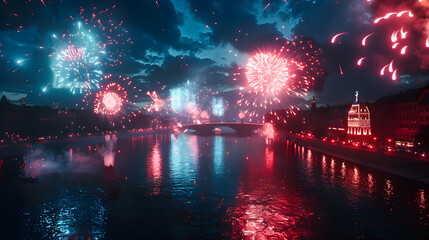 Blue, white and red fireworks over the river at night, Colorful beautiful fireworks over the bridge