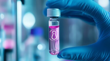 Leinwandbilder - A gloved hand holds up a small glass vial filled with a pink liquid. The vial has a white lid and a white symbol on the side. There are other out-of-focus glass vials in the background.