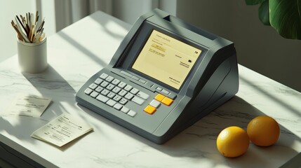 Vintage office machine with display and keypad on a sunny desk