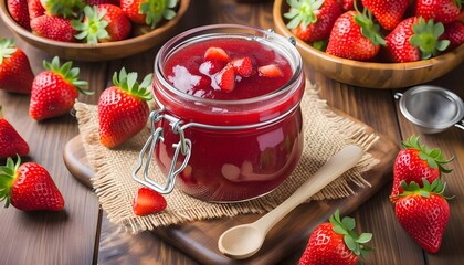 Wall Mural - strawberry jelly in a jar on the table surrounded by decorative items and fresh strawberries