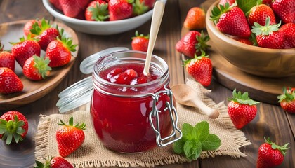 Wall Mural - strawberry jelly in a jar on the table surrounded by decorative items and fresh strawberries