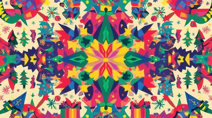 Poster - This vibrant artwork showcases a mix of Christmas symbols, including trees, snowflakes, and gifts, arranged in an abstract pattern. Generative AI