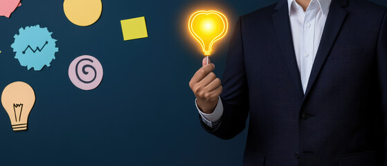 A businessman showcases creativity and balance by juggling a glowing idea on his finger, surrounded by vibrant abstract designs, symbolizing innovative thinking in business.