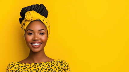 Poster - A joyful woman in a yellow floral dress radiates happiness against a bright yellow backdrop, embodying positive vibes.