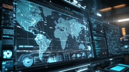 Futuristic Crime Prediction Dashboard Displaying Real-Time Data on High-Risk Areas and Trends, Advanced Digital Interface against Dark Backdrop, map highlighting high-risk areas and crime trends, emph