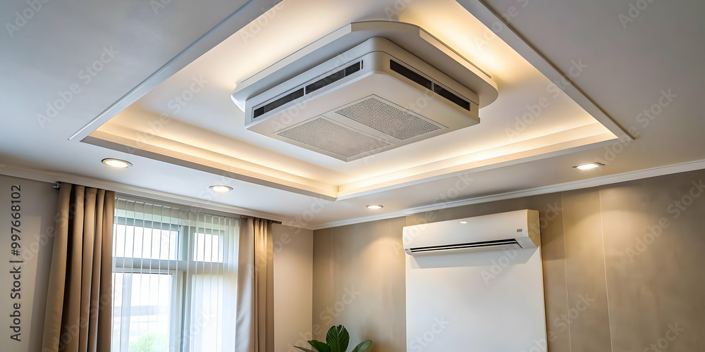 Interior room with ceiling mounted cassette type air conditioner and ...
