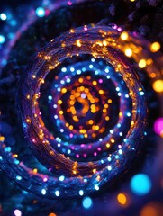 Poster - Vibrant, twinkling Christmas lights form a captivating spiral pattern, evoking a sense of holiday joy and warmth during winter nights. Generative AI