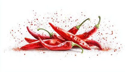 A vibrant arrangement of fresh red chili peppers with splashes of spice, perfect for cooking, culinary art, and food photography.