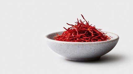 Fresh saffron spice displayed in a shallow bowl, highlighting its vibrant red strands. This luxurious ingredient adds flavor and color to various dishes, making it a gourmet choice.