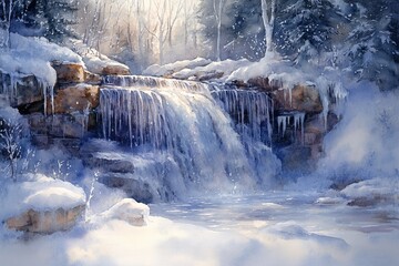 Wall Mural - Watercolor Painting of Frozen Waterfall Cascading Over Icy Rocks, Sparkling Snow and Glistening Icicles