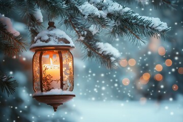 Wall Mural - A glowing lantern hangs from a snow-covered pine branch, with a soft, snowy background and blurred lights.