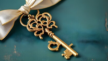 Heart-Shaped Vintage Key Symbolizing Love and Home Against a Teal Background