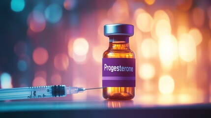Poster - A syringe is positioned next to a clear vial labeled progesterone, surrounded by a vibrant, blurred background. The focus highlights the medical substance in a clinical environment.