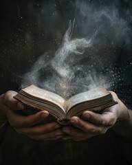 Hands of a man with a book and smoke on a dark background. Religious concept