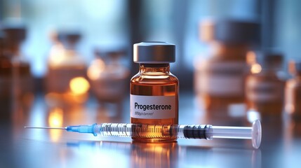 Fototapete - A syringe is placed alongside a small vial labeled progesterone on a reflective laboratory table. Dim light enhances the atmosphere, suggesting a focus on pharmaceutical preparation in the evening.