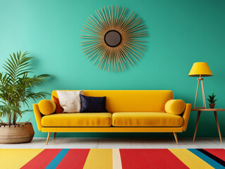 A mid-century modern living room with iconic furniture pieces, a sunburst mirror, and bold colors, creating a stylish retro vibe.