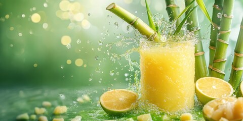 Fresh sugarcane juice in a clear glass. Sugarcane juice splashing with sugarcane stalks in the background.