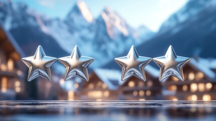 Poster - The peaceful atmosphere showcases four shiny silver stars poised over tranquil water, with charming mountain chalets illuminated by warm lights in the background, creating a serene evening ambiance.