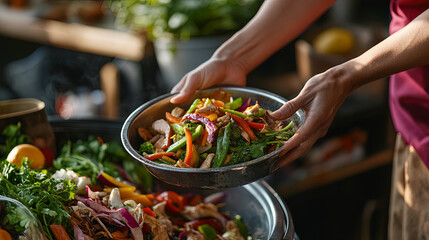 Freshly prepared vegetable stir fry being served in bowl, showcasing vibrant colors and healthy ingredients. hands gently hold dish, emphasizing care in cooking