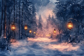 Poster - Watercolor Painting of Snow-Laden Forest Path Illuminated by Lanterns, Frosted Tree Branches and Star-Filled Winter Sky