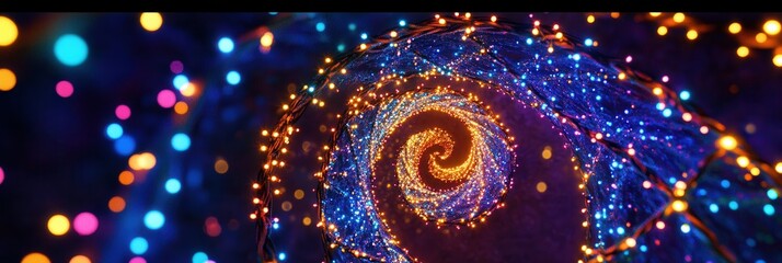 Poster - Brightly colored Christmas lights spiraled in a vortex shape illuminate the surroundings, enhancing the festive holiday atmosphere. Generative AI