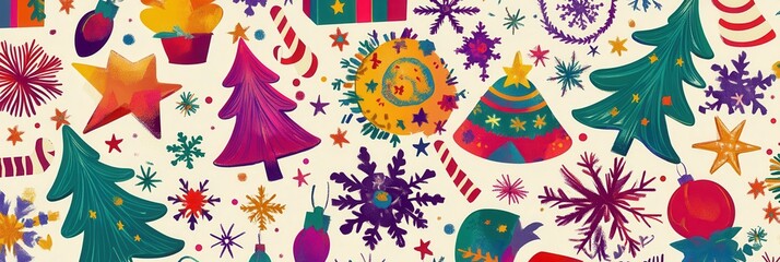 Canvas Print - This festive abstract artwork showcases a colorful array of Christmas symbols such as trees, stars, and gifts scattered across a bright background. Generative AI