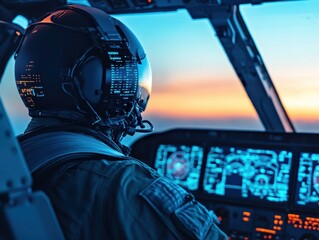 Pilot in cockpit during sunset, showcasing advanced technology and control panels, creating a dramatic and inspiring scene.