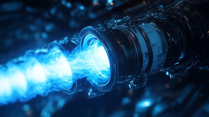 Poster - A highly detailed jet engine produces bright blue flames, showcasing advanced technology in a sleek workshop. The environment emphasizes innovation and engineering excellence.