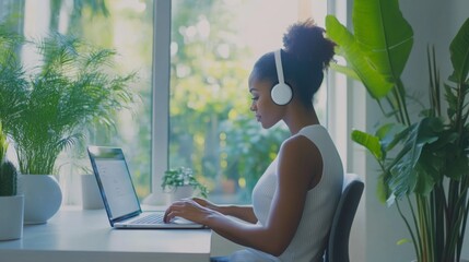 Aufkleber - The woman focuses intently on her laptop, wearing headphones, in a light-filled room adorned with greenery. Sunlight streams in, enhancing the serene atmosphere of her home workspace.