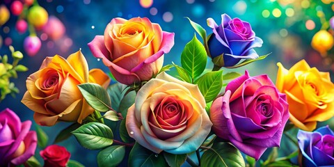 Vibrant, colorful roses paired with lush green leaves create stunning clip art perfect for floral designs and