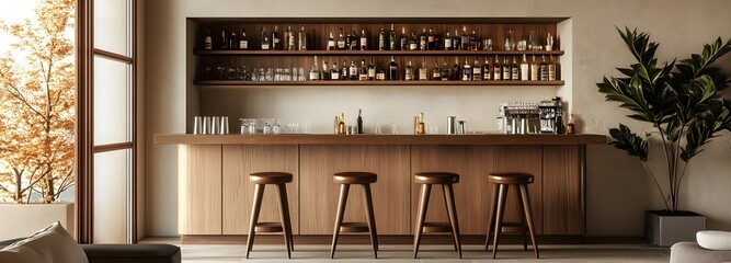 Wall Mural - 22. a sophisticated home bar with high stools, a sleek counter, and elegant glassware