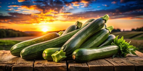 Wall Mural - Vibrant zucchini awaits in a charming rustic setting, ideal for culinary delights and organic farming inspiration,