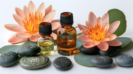 A bottle of lavender oil sits on a table next to a vase of flowers 