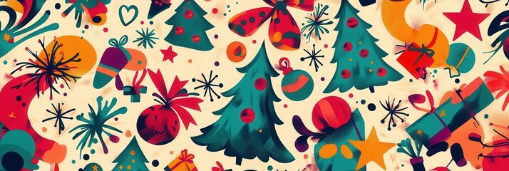 Poster - The artwork showcases a lively arrangement of Christmas symbols including trees, stars, gifts, and snowflakes for a joyful celebration. Generative AI