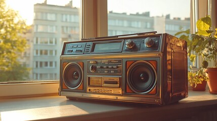 A vintage boombox sits on a windowsill with sunlight illuminating the scene.