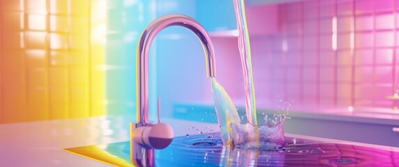 Creative shot of water pouring into a glass with vibrant lighting. The background is colorful with pink and blue hues.